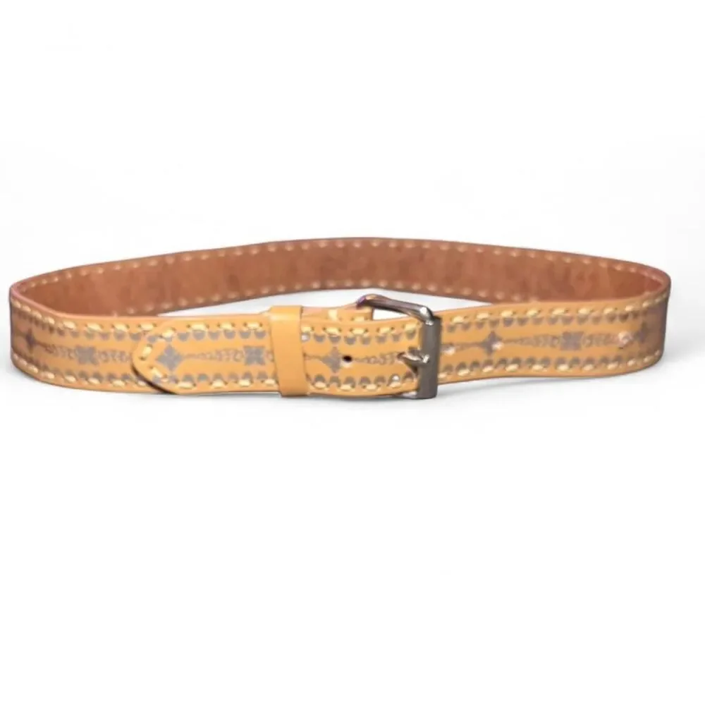 Faded Glory Tan leather belt with silver hardware and Aztec design size Large